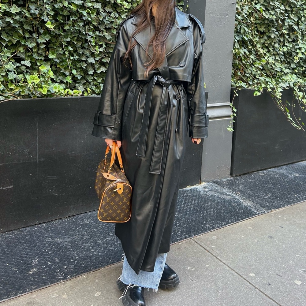 Black faux leather trench coat